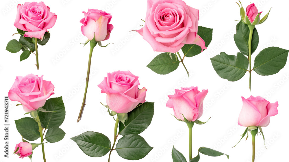 Set of pink roses leaf floral single plant on transparent background. Valentine's day. Mock up template product presentation. artwork design