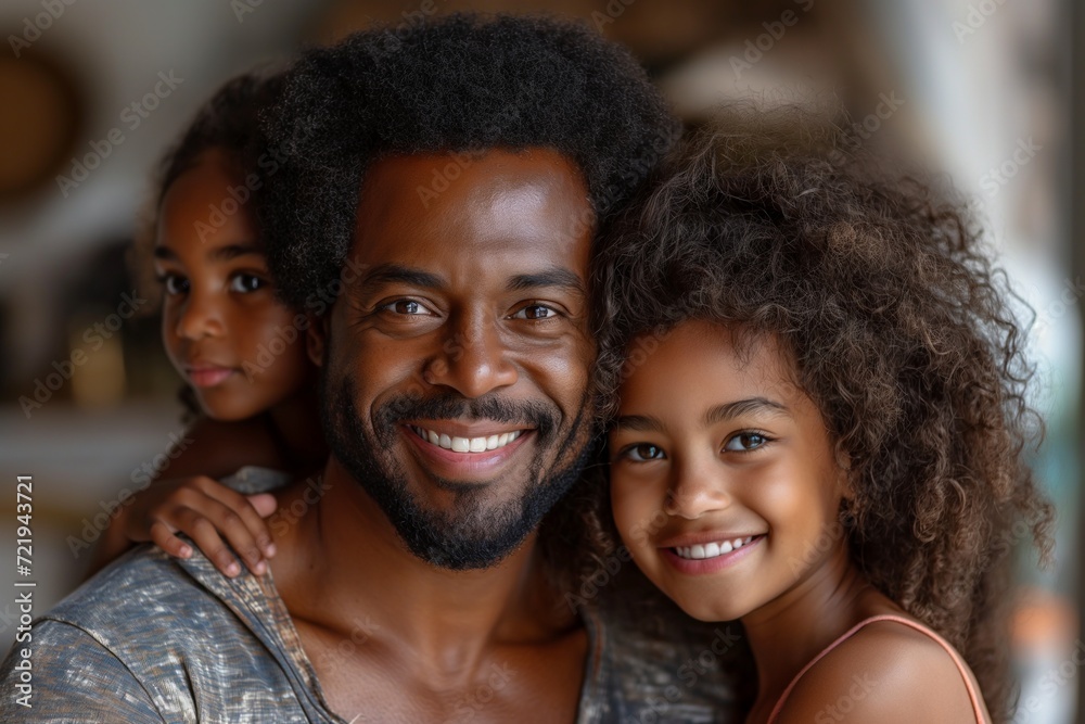Fototapeta premium Happy African American father with two daughters having fun together at home