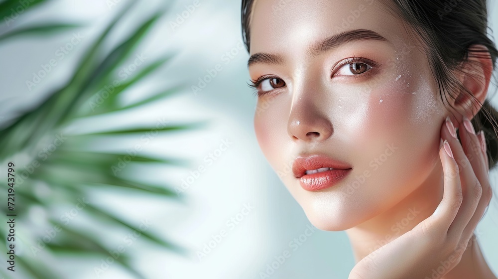 Experience perfection with a close-up of a young Asian woman delicately massaging her flawless face. Explore the essence of beauty in our face cream commercial. Experience perfection with a close-up of a young Asian woman delicately massaging her flawless face. Explore the essence of beauty in our face cream commercial.