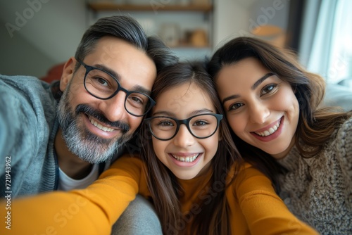 Cheerful young family of three having fun taking selfie together at home