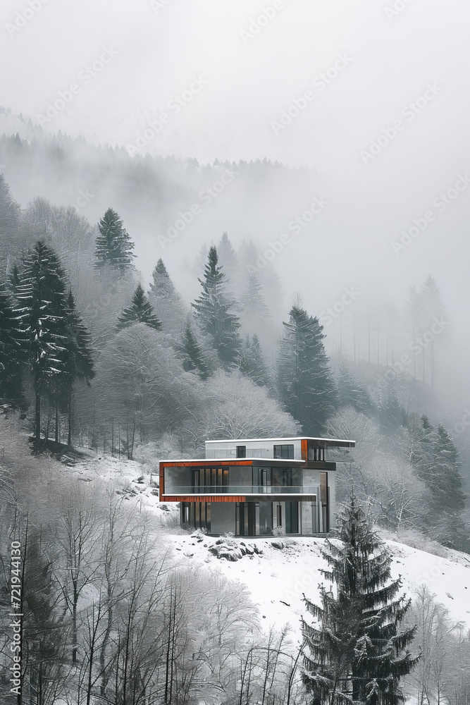 Wide angle photo of a modern faturistic house in a valley surrounded by fog and trees in the style of utopian landscapes. Wide angle photo of a modern faturistic house in a valley surrounded by fog and trees in the style of utopian landscapes.