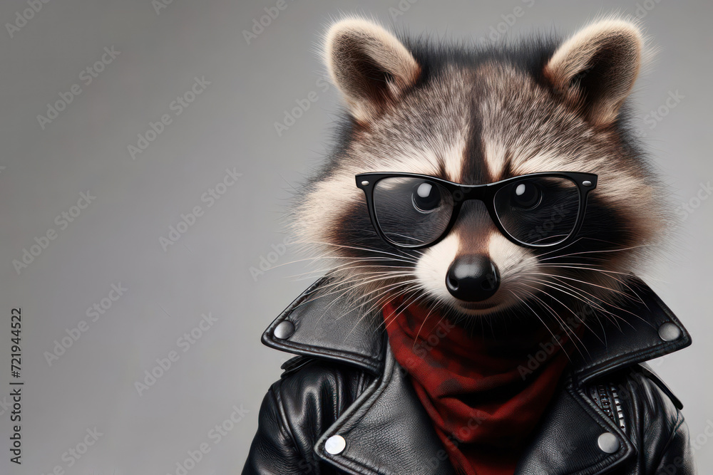 Stylish raccoon in a leather jacket and glasses on a clean background. Place for text. Stylish raccoon in a leather jacket and glasses on a clean background. Place for text.