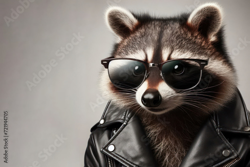 Raccoon in a leather jacket and glasses close-up. Place for text.