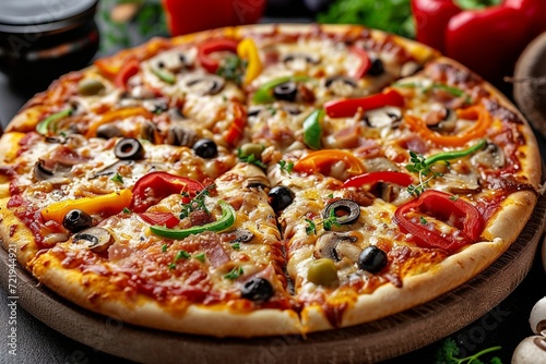 Vegetarian delight Pizza adorned with peppers, mushrooms, and olives