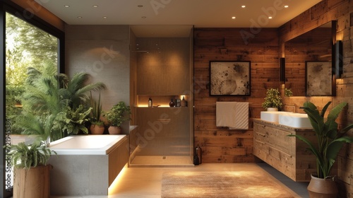 Sérénité naturelle : Salle de bains moderne avec baignoire autoportante, accents boisés et vue sur la verdure © jp