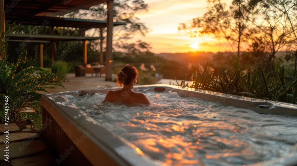 Détente au crépuscule : Femme dans un jacuzzi en plein air, profitant du coucher de soleil parmi les arbres