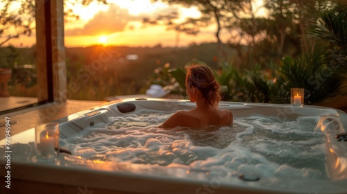 Sérénité au coucher du soleil : Moment paisible dans un bain à remous en pleine nature