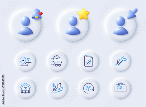 Storage, Escalator and Hand baggage line icons. Placeholder with 3d cursor, bell, star. Pack of Canister, Rise price, Journey icon. Return package, Food delivery pictogram. Vector