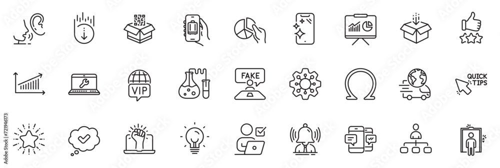 Icons pack as Execute, Quick tips and Smartphone clean line icons for app include Vip internet, Whisper, Empower outline thin icon web set. Fake review, Get box, Omega pictogram. Vector