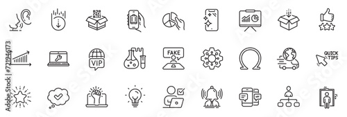 Icons pack as Execute, Quick tips and Smartphone clean line icons for app include Vip internet, Whisper, Empower outline thin icon web set. Fake review, Get box, Omega pictogram. Vector