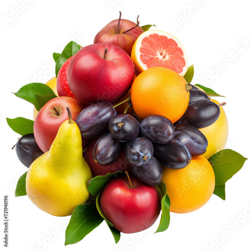 Unique festive bouquet consisting of apples  pears  plums  grapefruits isolated on transparent background