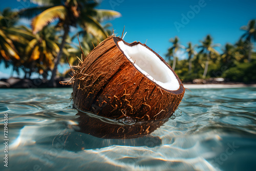 Old Coconut Floating in the Sea