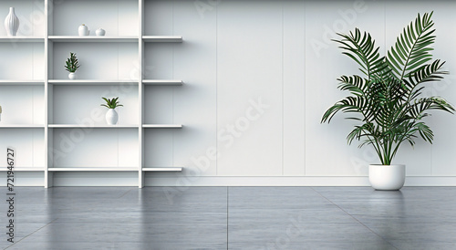 Modern Room with White Walls, Wooden Shelf, and Green Plant Decor in a Contemporary Interior