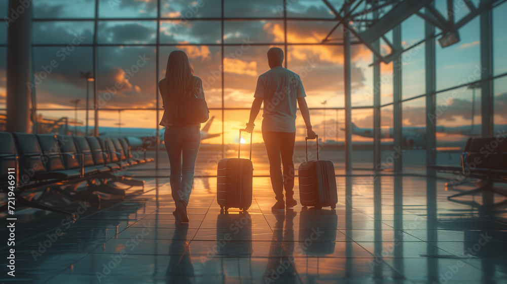 a couple of men and woman walking at the airport with luggage trolley at sunset at the airport a couple of men and woman walking at the airport with luggage trolley at sunset at the airport