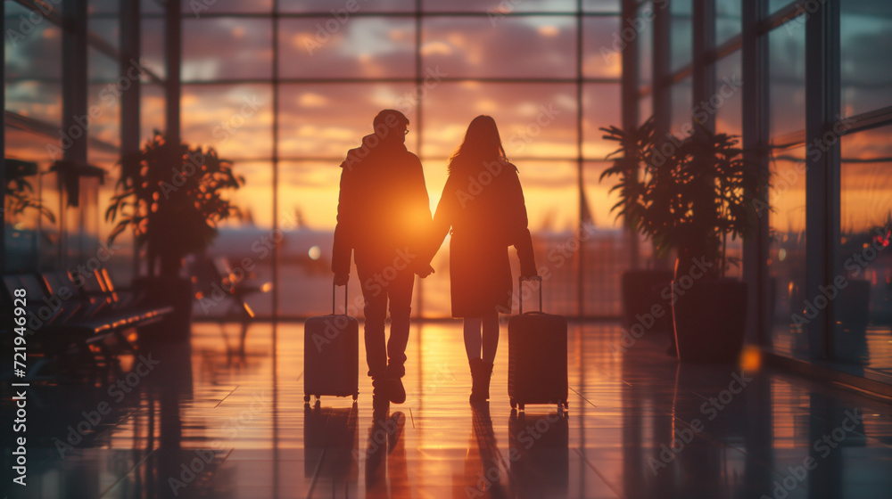 a couple of men and woman walking at the airport with luggage trolley at sunset, couple with hands together at airport