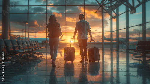 a couple of men and woman walking at the airport with luggage trolley at sunset at the airport
