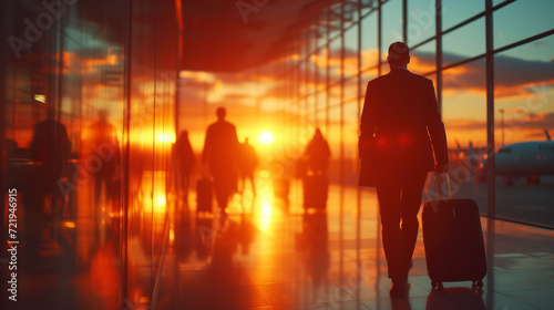 busines men walking at the airport with luggage trolley at sunset, busines man at airport photo