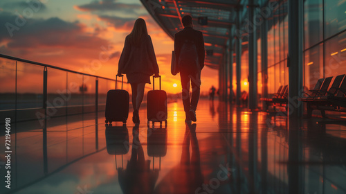 a couple of men and woman walking at the airport with luggage trolley at sunset, travelers at airport photo