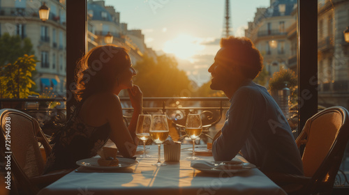 couple having dinner at sunset in paris france, men and woman in cafe in paris with eiffel tower on background