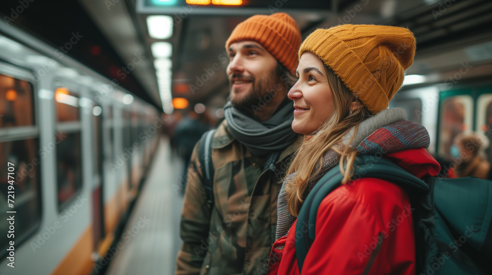 men and woman checking in at a train at the trainsation during sunset with warm soft light, diverse couple at trainstation men and woman checking in at a train at the trainsation during sunset with warm soft light, diverse couple at trainstation