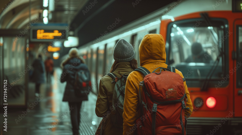 couple of men and woman checking in at a train at the trainsation during sunset during winter with warm soft light, diverse couple at train