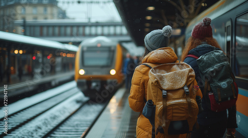 couple of men and woman checking in at a train at the trainsation during sunset with warm soft light, diverse couple at train during winter