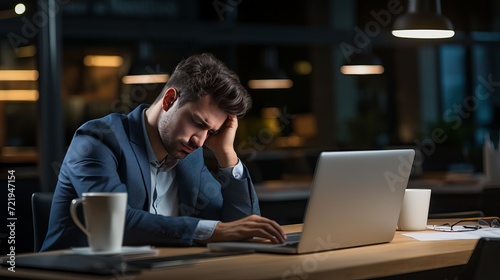A man is feeling exhausted while at work photo