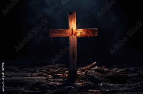 a wooden cross in the dark