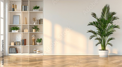Scandinavian Interior with White Walls, Wooden Floor, and Minimalist Plant Decor in a Modern Room