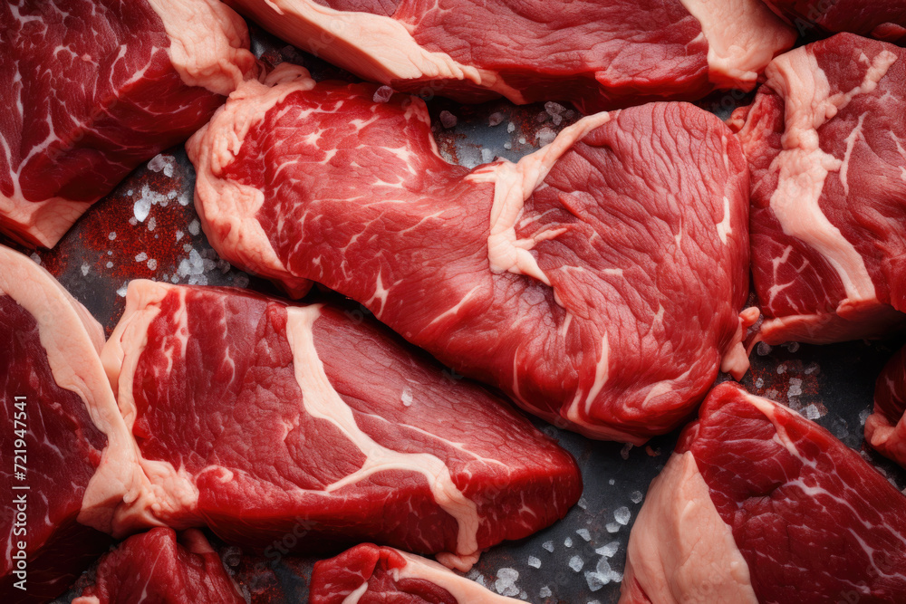 Marbled meat, top blade meat steak, on table background, with copy space for text