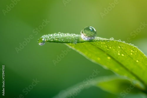 Glistening with morning dew, a single leaf captures the beauty and fragility of nature through its intricate network of water droplets, evoking a sense of tranquility and renewal in the lush green ba
