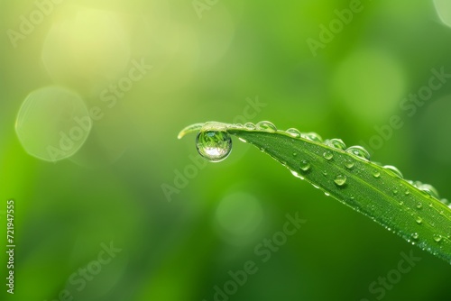A tiny world of liquid life glistens on a lush green canvas, as a single dew drop rests delicately on a leaf in the midst of nature's embrace