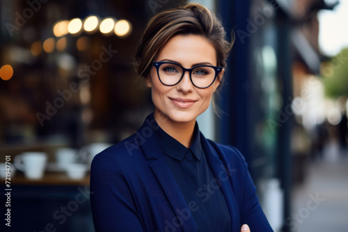 Young elegant businesswoman standing on the street and looking at the camera. Success coming with hard work. A young proud woman on a street