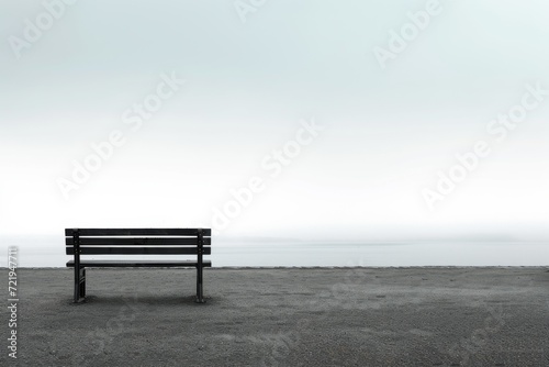 Amidst the misty fog, a wooden bench sits serenely on the beach, a quiet witness to the ever-changing landscape of the sky and sea