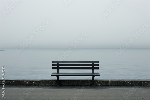A lone wooden bench sits in the fog, overlooking the calm lake as the sky reflects on its glassy surface, creating a serene and peaceful landscape