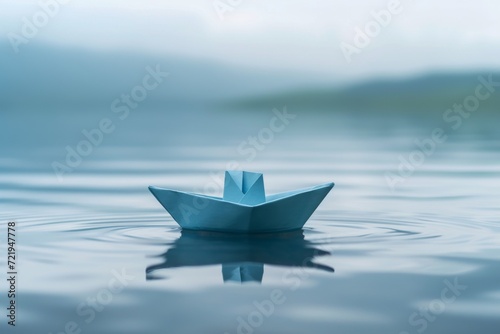 A peaceful paper boat glides across the shimmering water, its delicate origami form reflecting the endless expanse of sky and clouds above