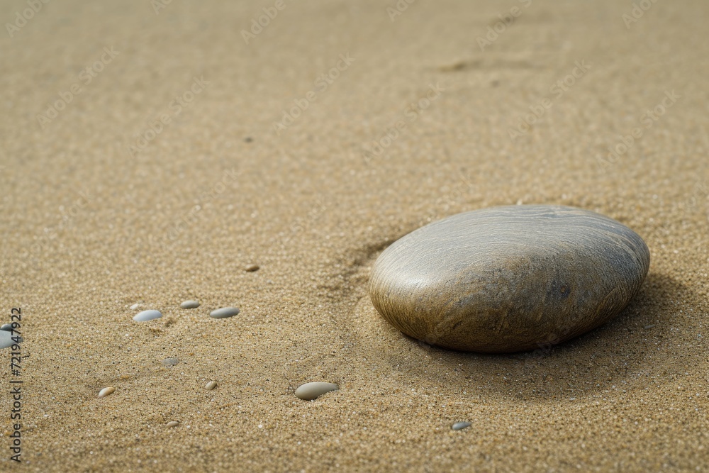Amidst the sandy beach lies a solitary round rock, symbolizing the grounding force of nature in the vastness of the outdoors Amidst the sandy beach lies a solitary round rock, symbolizing the grounding force of nature in the vastness of the outdoors