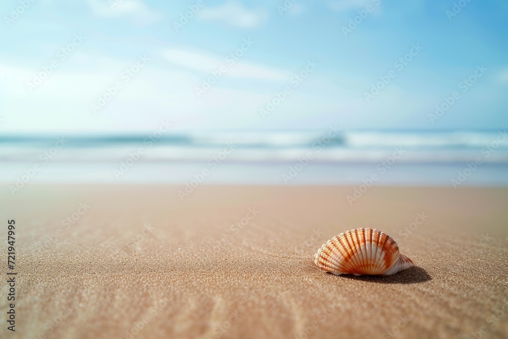 A solitary seashell rests on the sandy ground, gazing up at the vast expanse of sky and ocean, a peaceful reminder of the beauty and wonder of nature's invertebrate inhabitants A solitary seashell rests on the sandy ground, gazing up at the vast expanse of sky and ocean, a peaceful reminder of the beauty and wonder of nature's invertebrate inhabitants