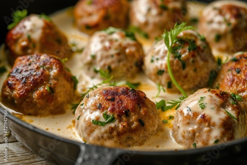 a pan of meatballs with sauce