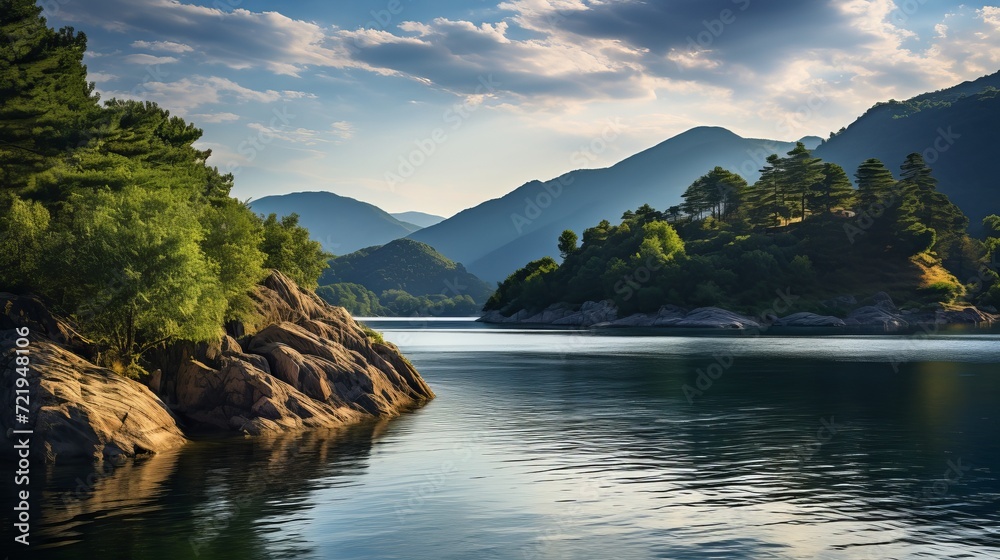 A mountain landscape with a lake in the background