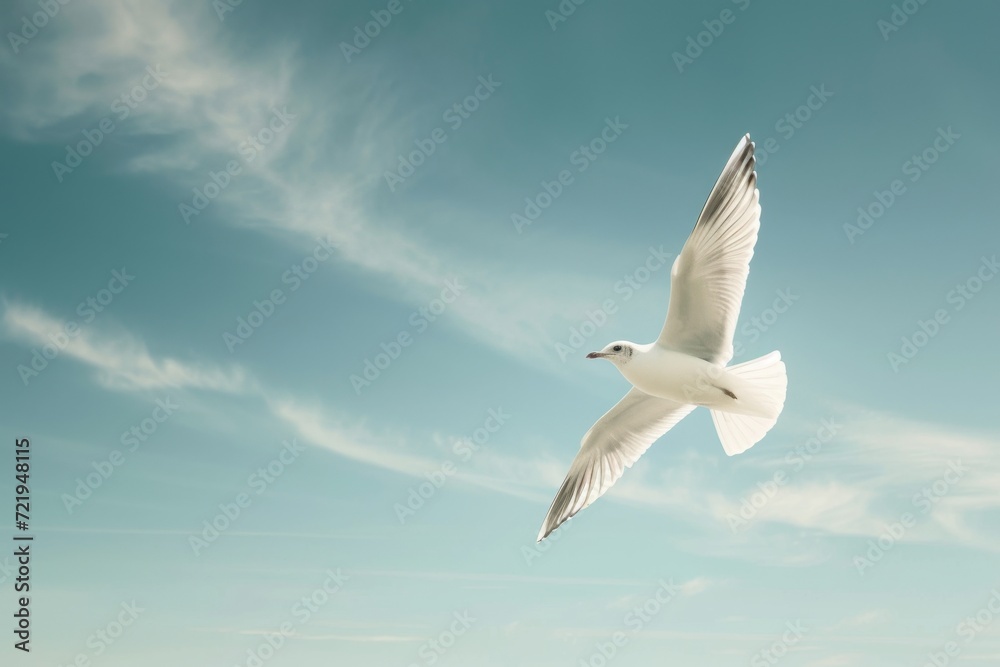 Fototapeta premium A majestic western gull soars through the open sky, its outstretched wings gliding effortlessly above the sea and fluffy white clouds