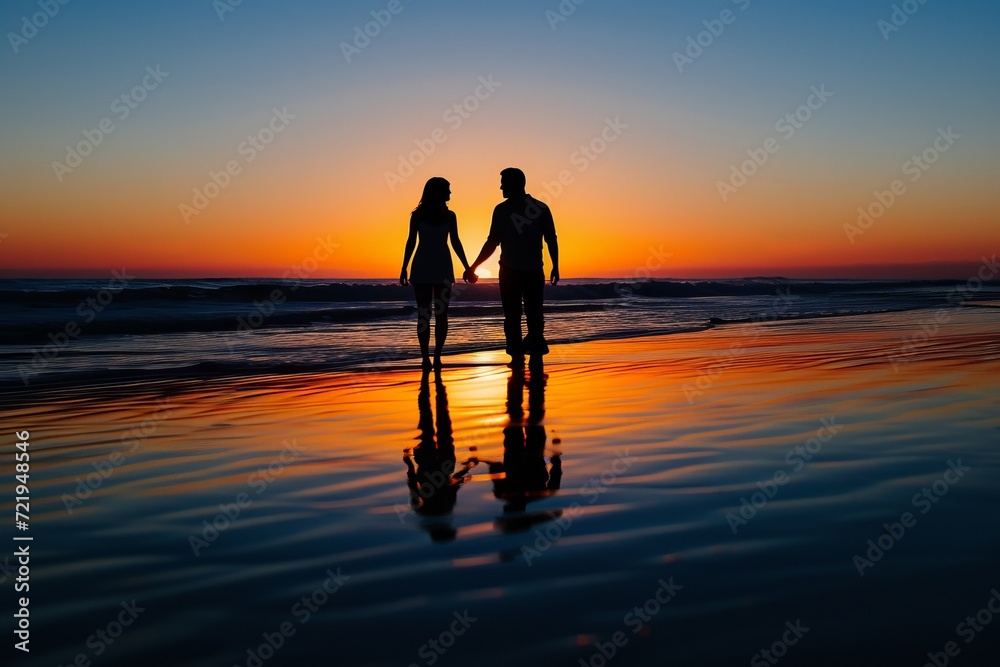 As the sun sets over the ocean, a couple stands in silhouette, their hands clasped together against the beautiful backdrop of the beach and sky, a reflection of their love in the tranquil water