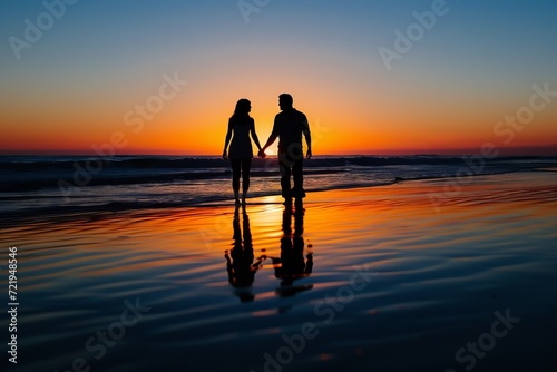 As the sun sets over the ocean, a couple stands in silhouette, their hands clasped together against the beautiful backdrop of the beach and sky, a reflection of their love in the tranquil water © ChaoticMind