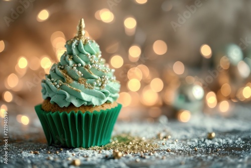 a cupcake with green frosting and gold sprinkles