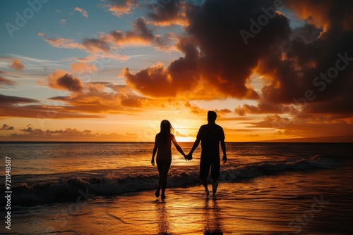 A couple s love shines as they stand together  silhouetted against the breathtaking afterglow of a sunset on the beach  surrounded by the vast expanse of the ocean and sky