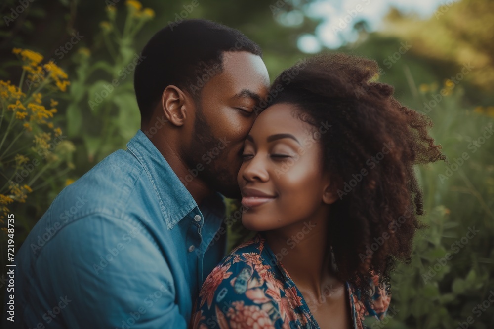 A joyful couple shares a tender kiss surrounded by nature, as their love blooms like the flower in her hair A joyful couple shares a tender kiss surrounded by nature, as their love blooms like the flower in her hair
