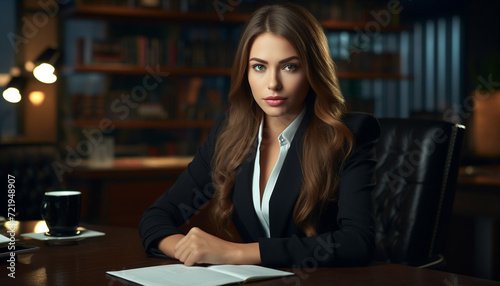 portrait of a brunette businesswoman at her desk in a business suit, looking sternly at the camera against the backdrop of the office