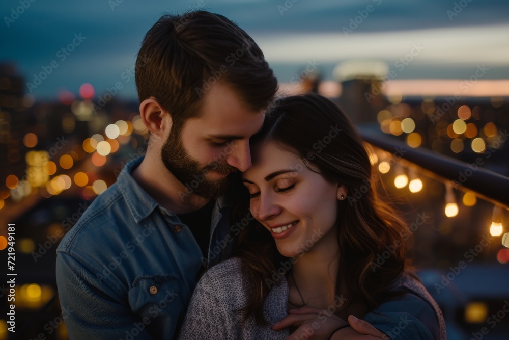A woman embraces her love on a balcony, their faces aglow in the warm light of the setting sun, surrounded by the vast sky and the comforting presence of each other's embrace A woman embraces her love on a balcony, their faces aglow in the warm light of the setting sun, surrounded by the vast sky and the comforting presence of each other's embrace