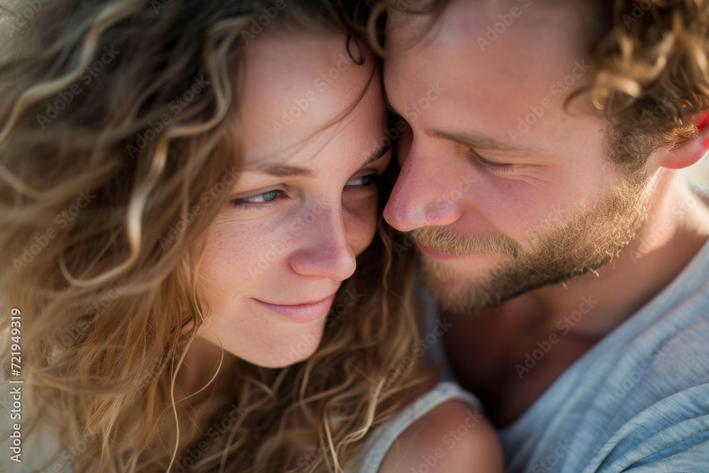 A happy man with surfer hair and a human beard embraces a woman with brown hair, as they share a loving kiss while looking into each other's eyes A happy man with surfer hair and a human beard embraces a woman with brown hair, as they share a loving kiss while looking into each other's eyes
