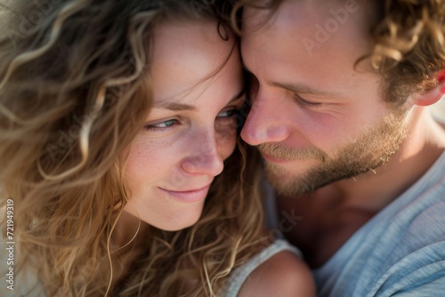 A happy man with surfer hair and a human beard embraces a woman with brown hair, as they share a loving kiss while looking into each other's eyes